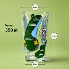 Måttskiss av ThirsTee-glaset: 13,5 cm högt, 8,0 cm i diameter upptill och 5,3 cm i botten. Volym 350 ml per glas.
