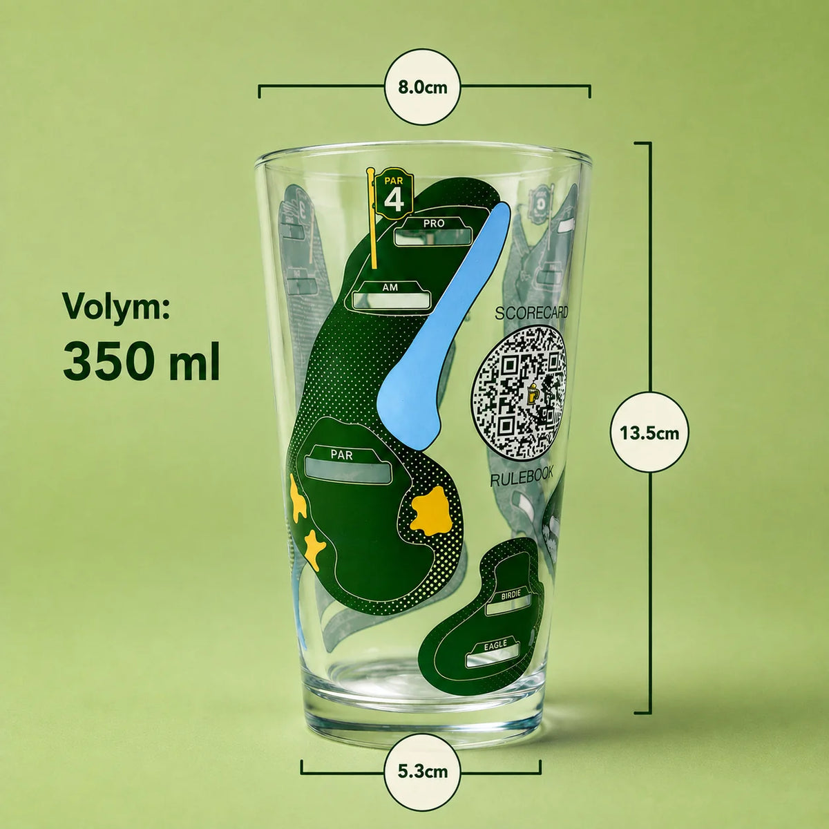 Måttskiss av ThirsTee-glaset: 13,5 cm högt, 8,0 cm i diameter upptill och 5,3 cm i botten. Volym 350 ml per glas.