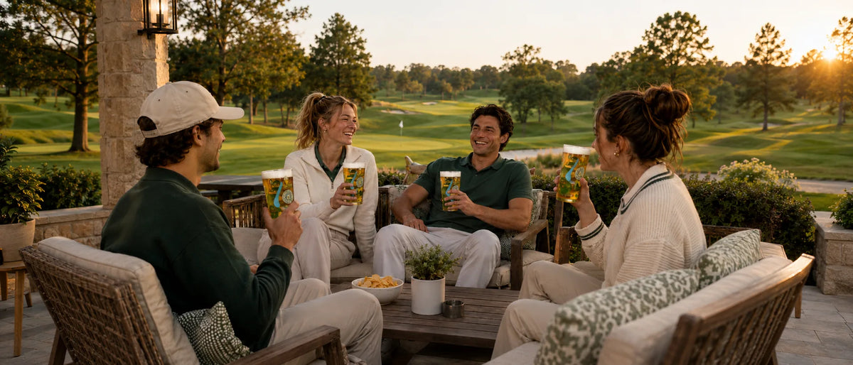 Vänner som spelar ThirsTee på en golfbana i solnedgång